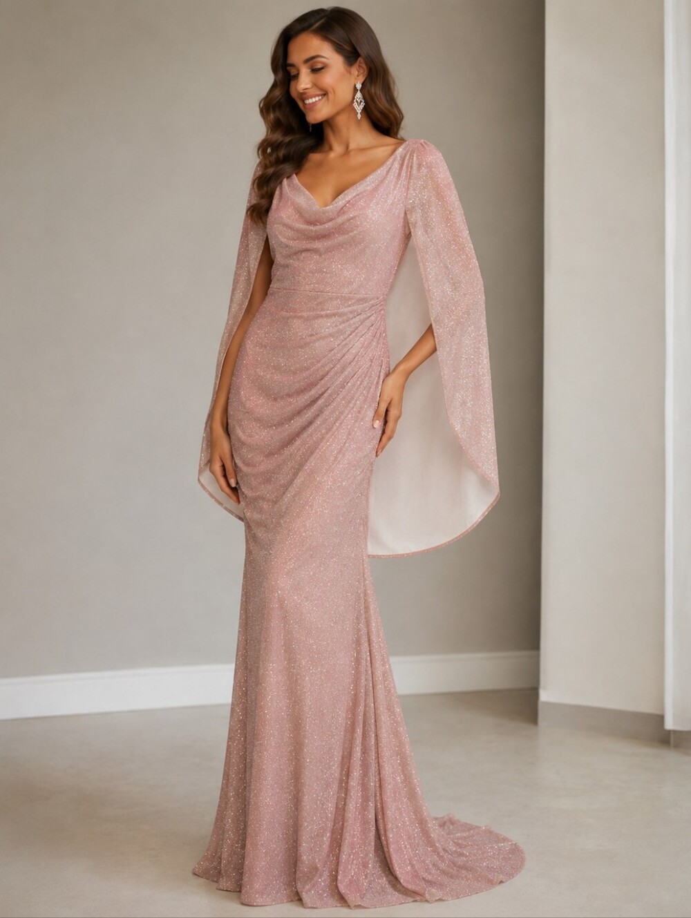 Betsy & Adam Blush Rose Gold Glitter Drape Back Cape Gown Size 4 Formal Dress